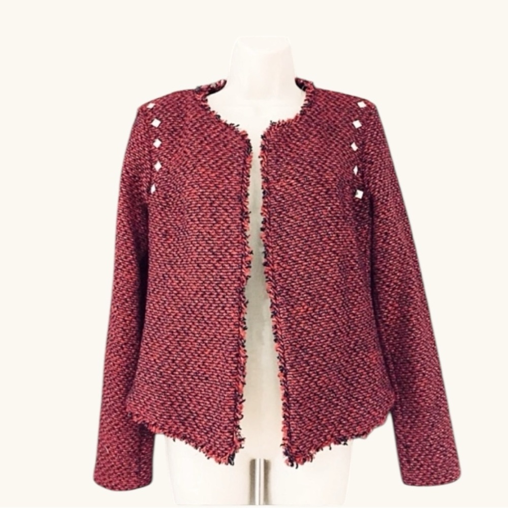 Textured Red Fringe Jacket • Polished Office Layer • Medium
